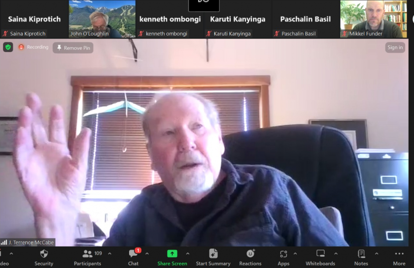 J. Terrence McCabe, a Research Professor in the Institute of Behavioral Science and Professor Emeritus in the Department of Anthropology at the University of Colorado, Boulder, makes his presentation during the webinar. 